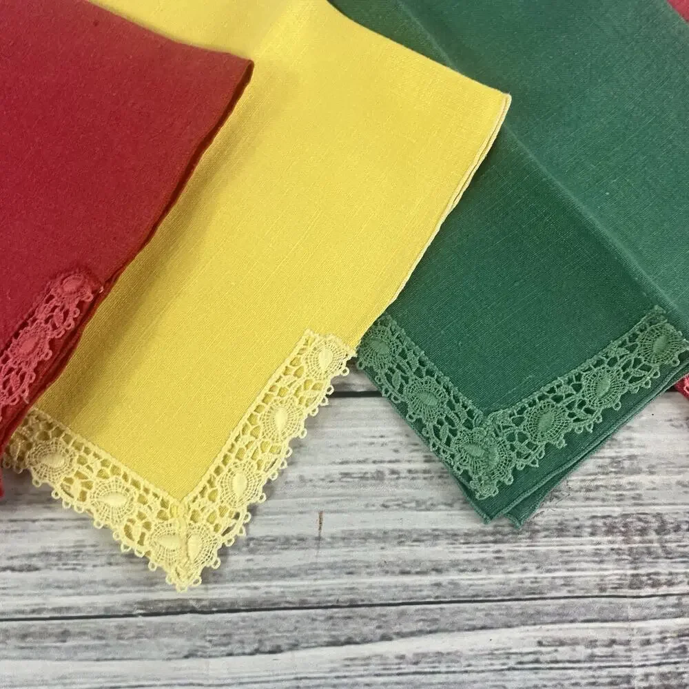 Vintage 4pc Linen Square Napkins Handkerchief Set Red Green Yellow Lace 14.5